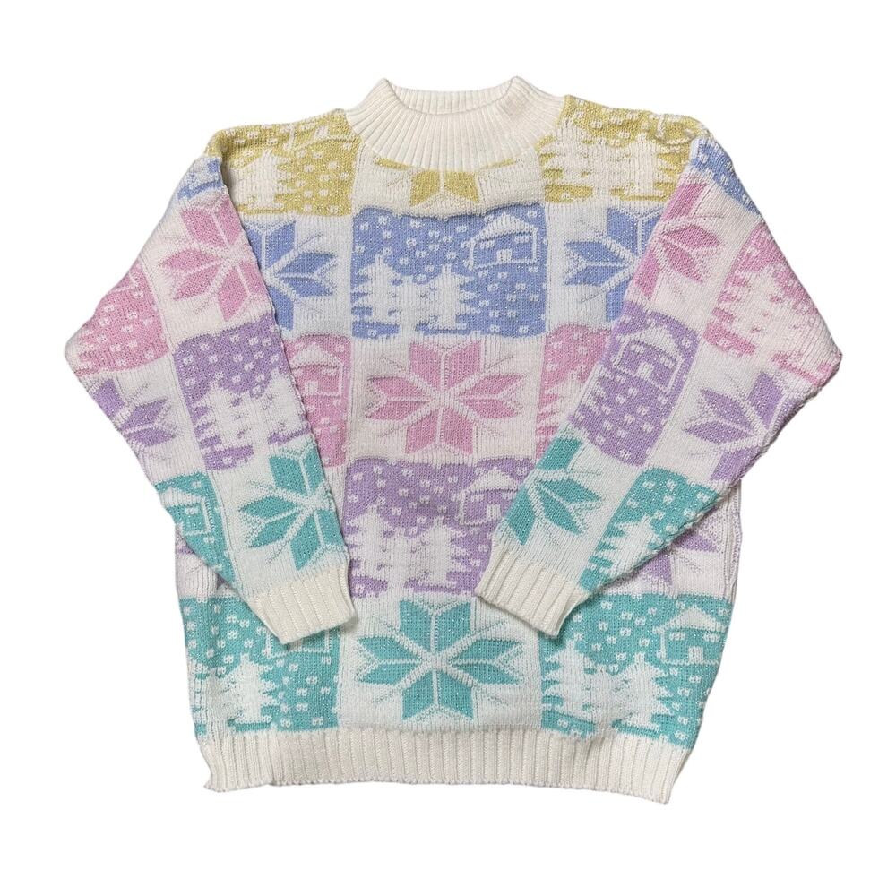 Spunky Vintage Snowflake Winter Christmas Sweater Pastel & Tinsel